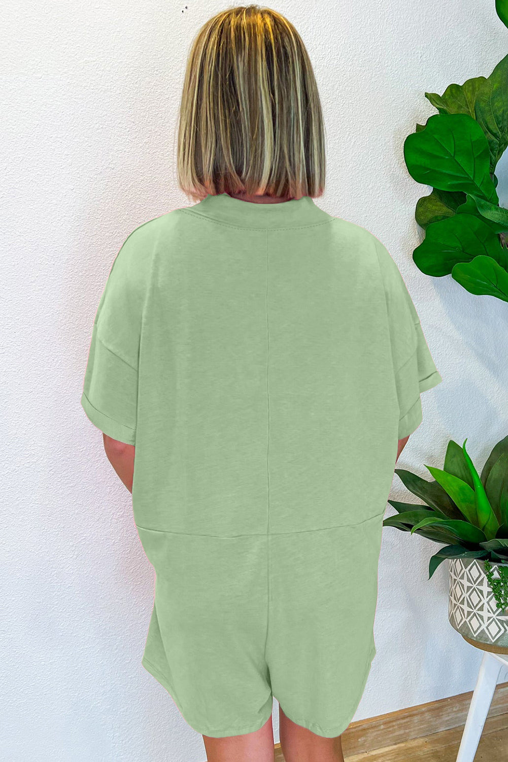 Grass Green Loose Half Sleeve V Neck Plain Romper
