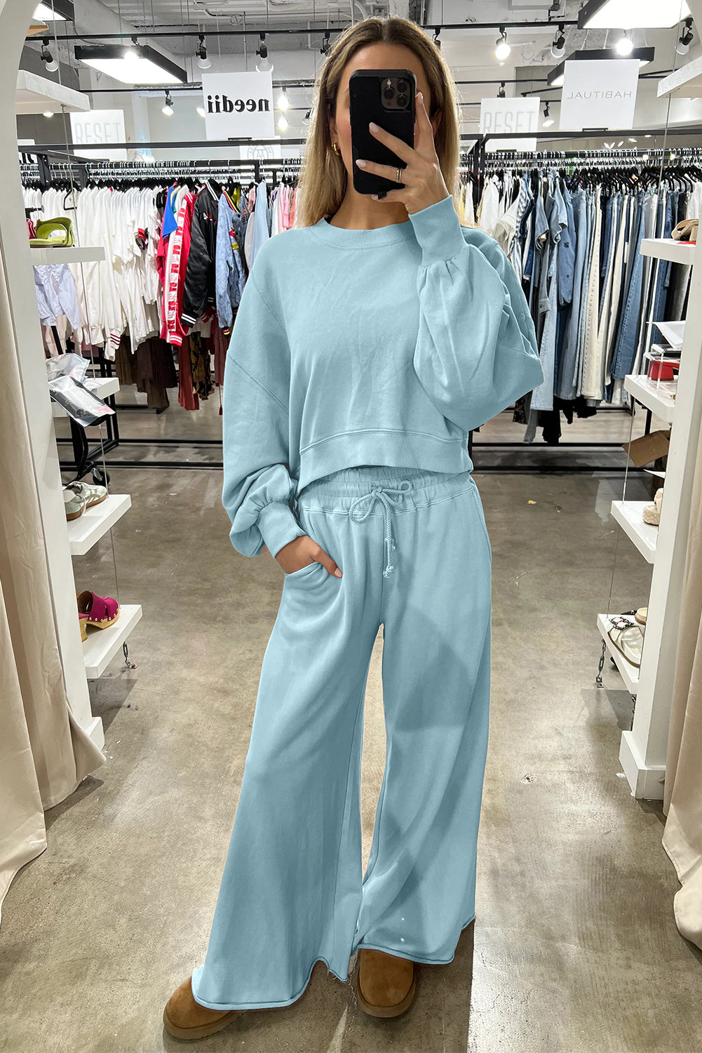 Mist Blue Drop Shoulder Crop Pullover Drawstring Wide Leg Pants Set