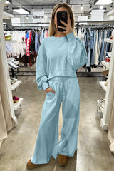 Mist Blue Drop Shoulder Crop Pullover Drawstring Wide Leg Pants Set