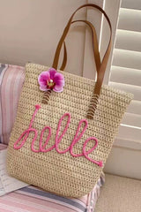 Khaki Hello Boho Handwoven Floral Accent Travel Tote Bag