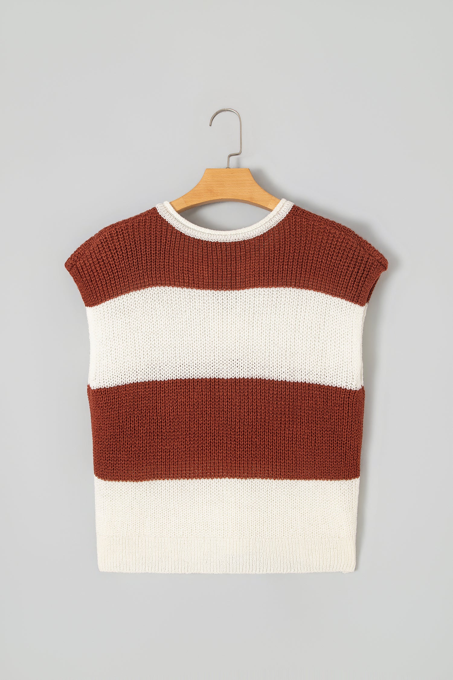 Brown Stripe Striped Colorblock Knit V Neck Short Sleeve Loose Sweater