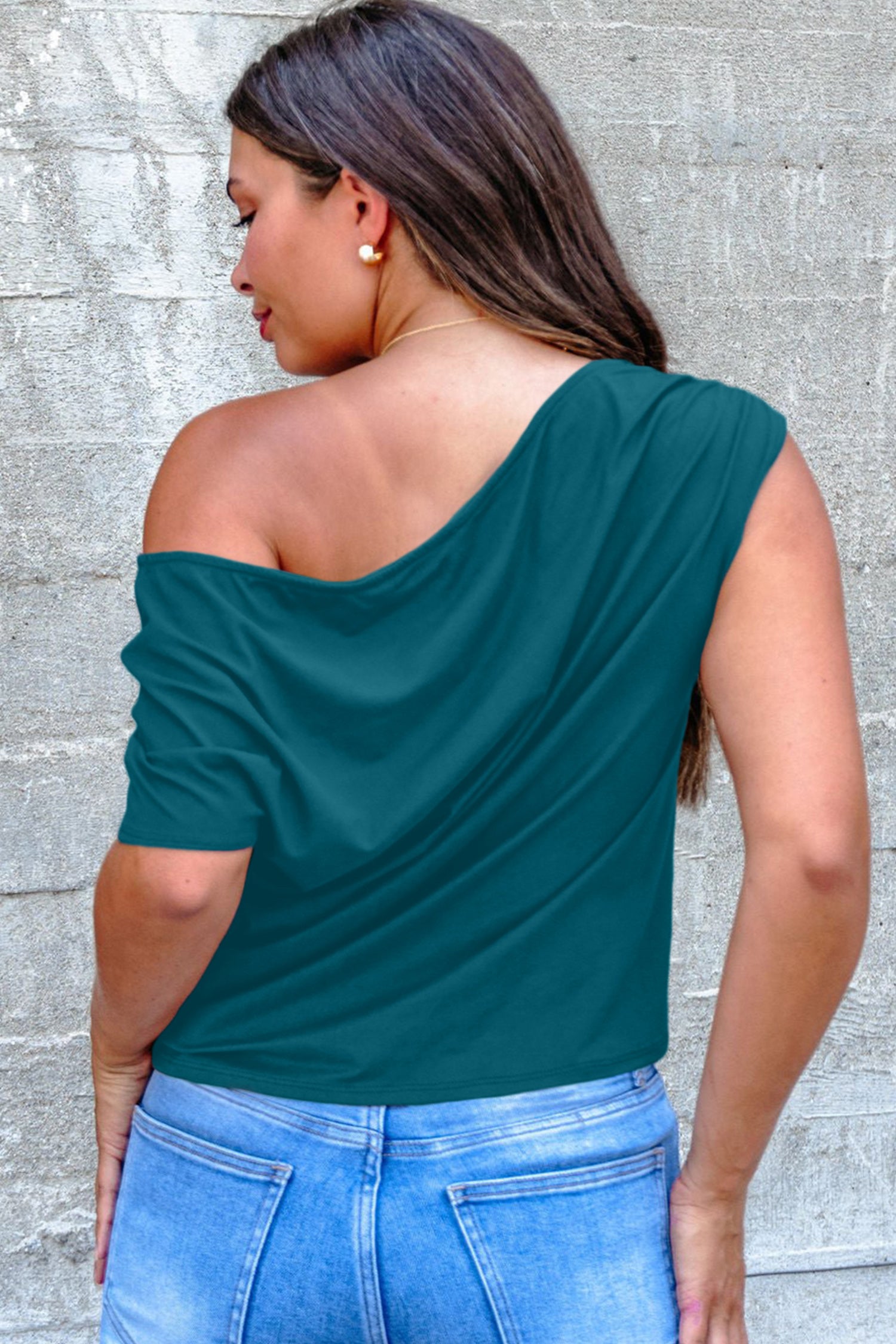 Burgundy Plus Size Solid Color Asymmetric Neck Short Sleeve Blouse