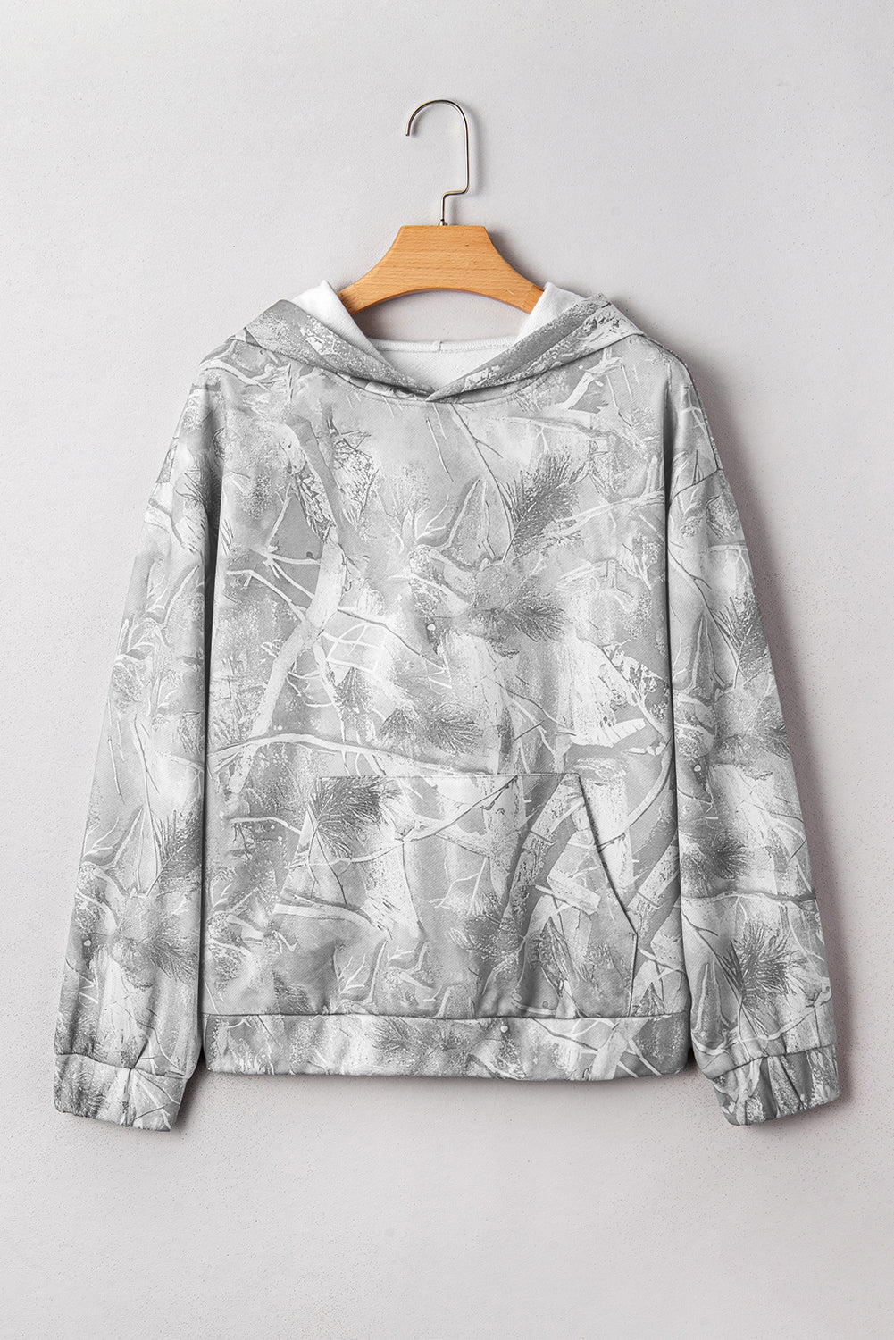 Gray Camouflage Maple Leaf Print Kangaroo Pocket Oversized Hoodie