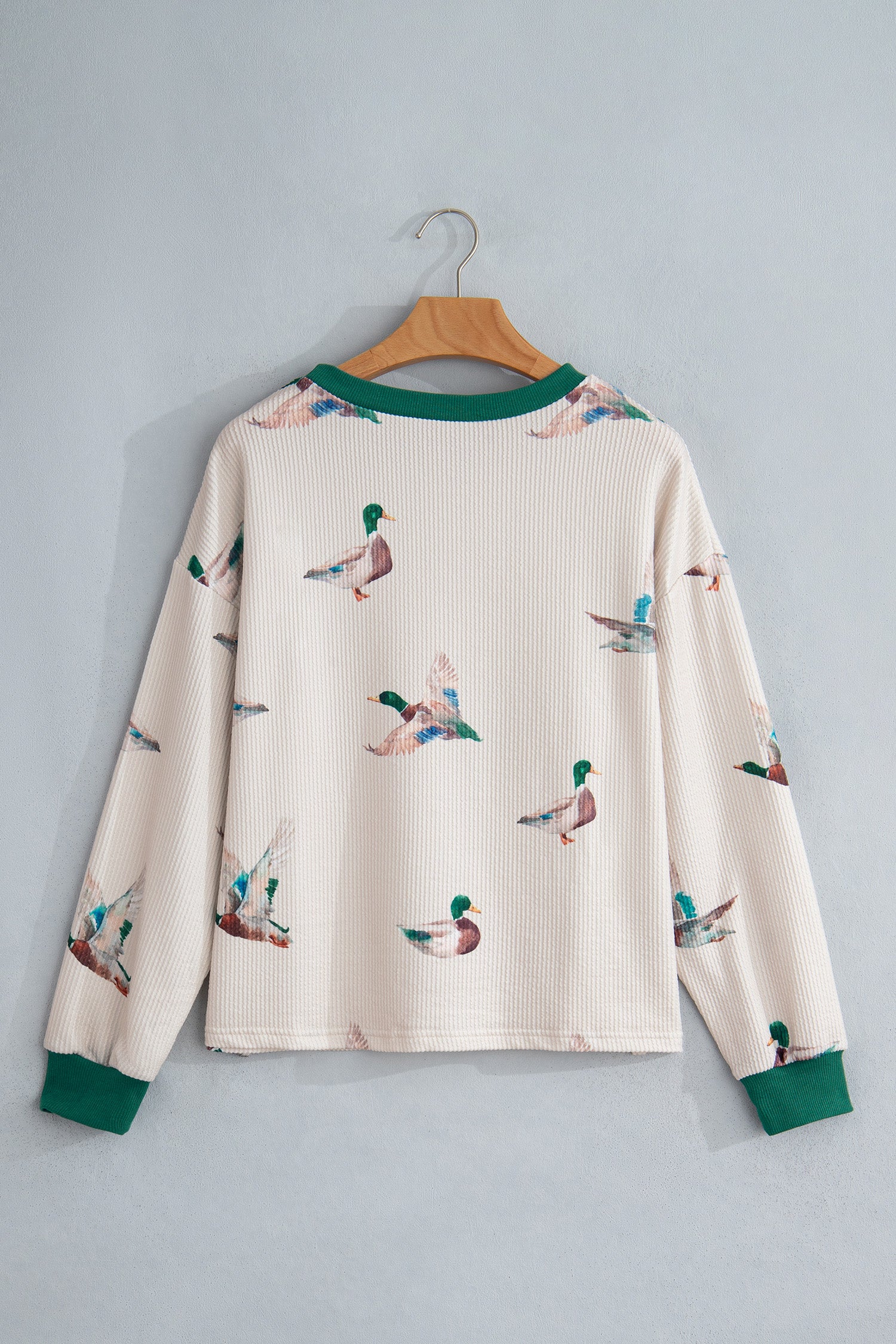 Beige Twisted Ribbed Duck Print Crewneck Casual Pullover Top