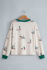 Beige Twisted Ribbed Duck Print Crewneck Casual Pullover Top