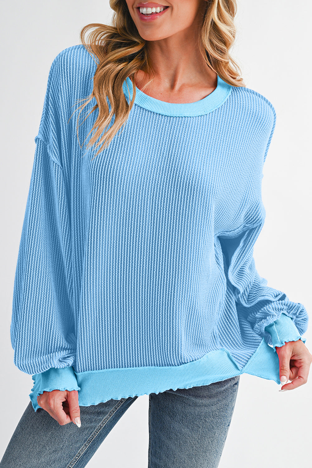 Strawberry Pink Twisted Ribbed Seamed Patchwork Long Sleeve Top