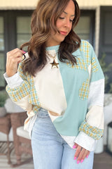 Light Blue Plaid Patchwork Round Neck Long Sleeve Top