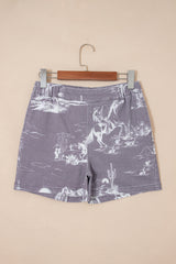 Gray Western Print Elastic Waist Cotton Denim Shorts