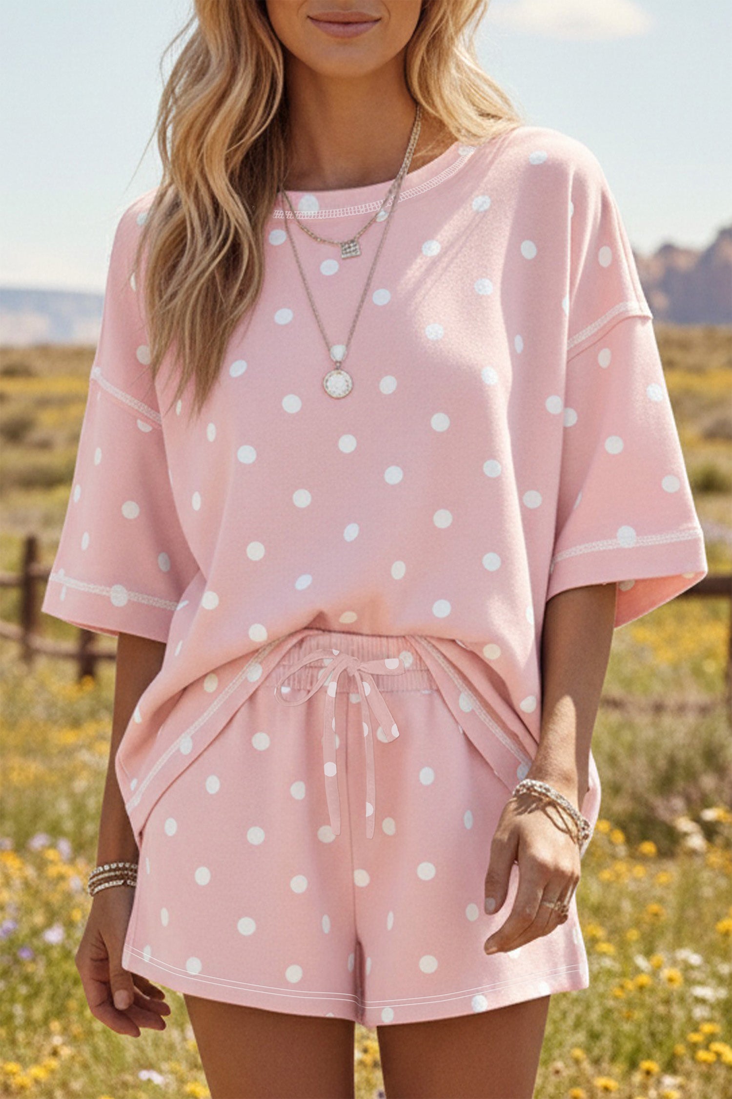Pink Polka Dot Short Sleeve Loose Top Drawstring Shorts Set