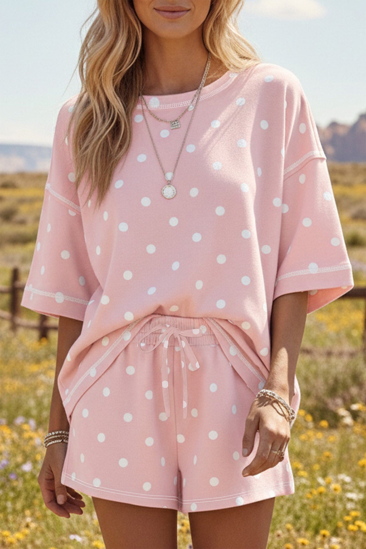 Pink Polka Dot Short Sleeve Loose Top Drawstring Shorts Set