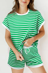 Dark Green Striped Cap Sleeve Tee and Shorts Set