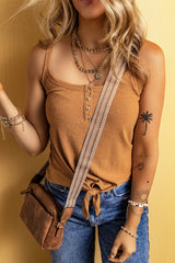Straw Yellow Ribbed Front Knot Buttoned Thin Strap Cami Top