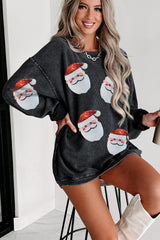 Black Santa Claus Sequins Patch Corded Christmas Graphic Sweatshirt