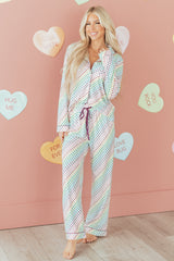 White Pride Heart Print Valentines Long 2pcs Pajama Set