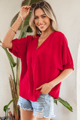 Racing Red Braided Trim V Neck Half Sleeve Blouse