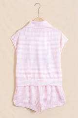 Pink Plaid Zip Neck Sleeveless Top Elastic Waist Shorts Casual Two Piece Short Set