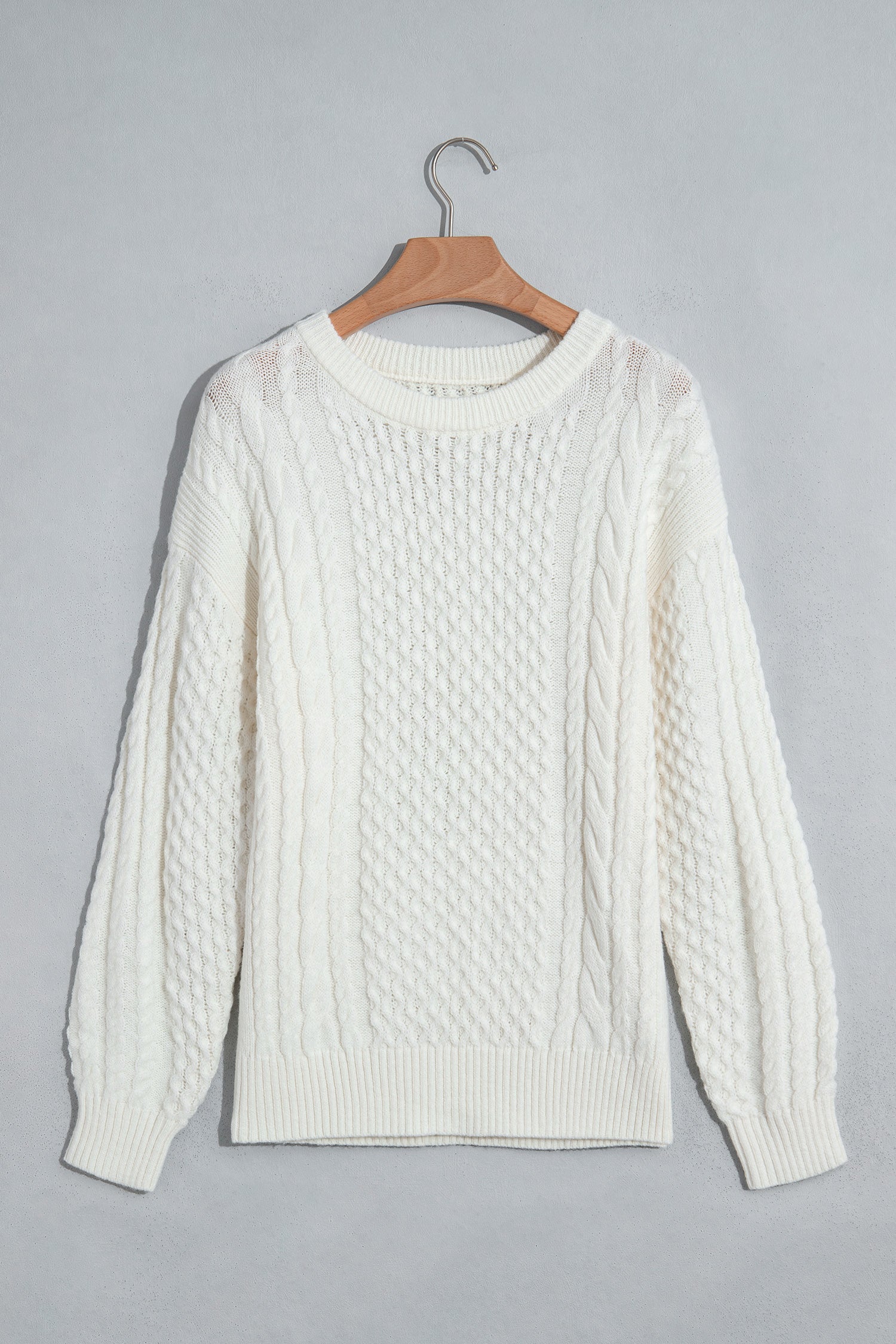 Beige Solid Color Cable Detail Knit Loose Round Neck Sweater