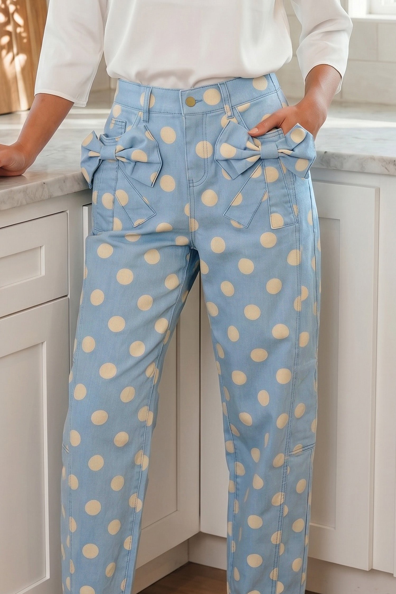 Sky Blue Polka Dot Print Bow Detail Pocketed Barrel Jeans