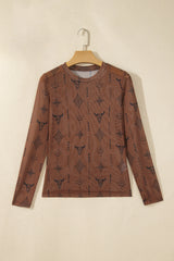 Chestnut Retro Western Print Mesh Long Sleeve Sheath Top
