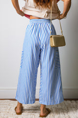 Sky Blue Stripe Drawstring Elastic Waist Patch Pocket Wide Leg Ankle-length Pants