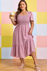 Pink Plus Size Swiss Dot Short Sleeve Smocked High Waist Flowy Midi Dress