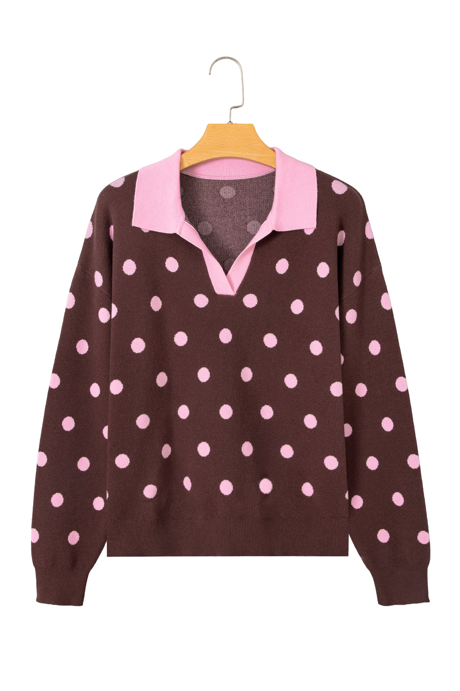 Pink Polka Dot Pattern Color Block Collared Loose Pullover Sweater
