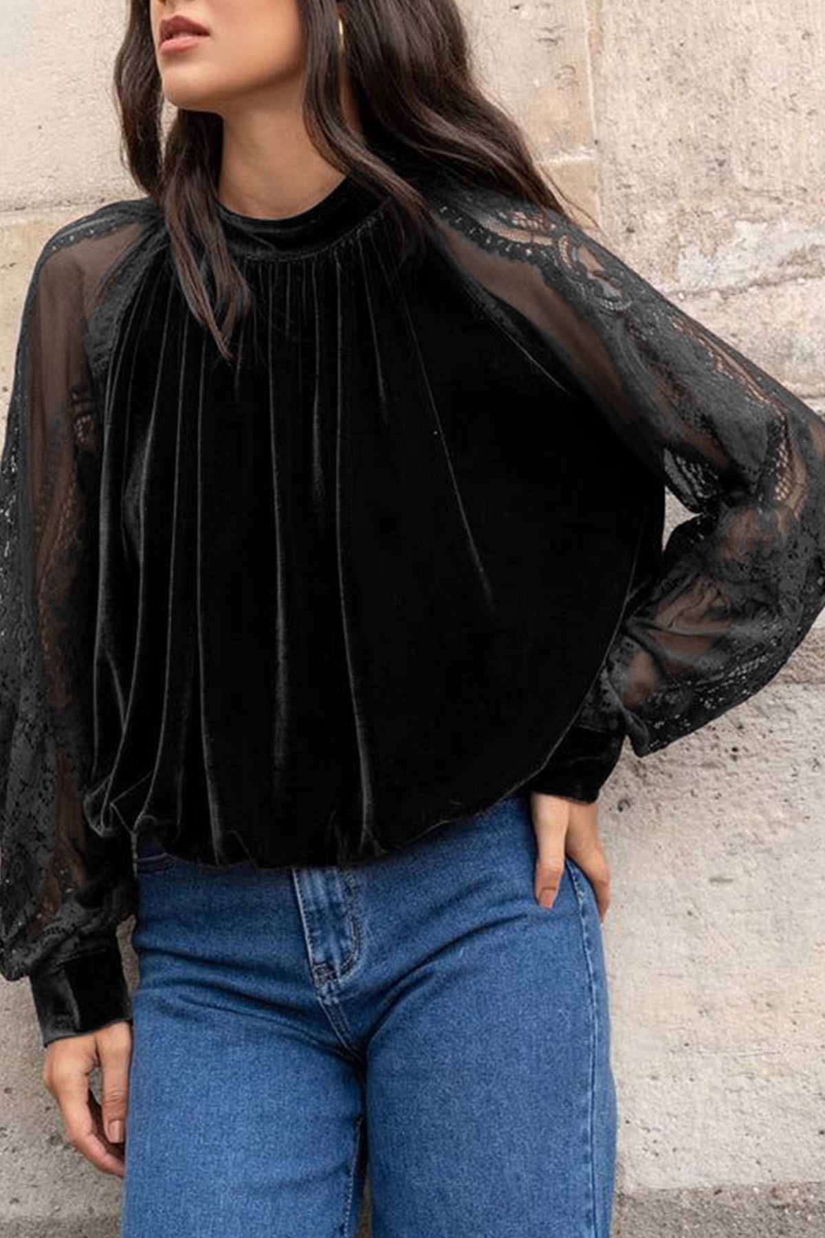 Color Black Solid Color Sheer Lace Long Sleeve Patchwork Stand Neck Velvet Blouse