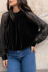 Color Black Solid Color Sheer Lace Long Sleeve Patchwork Stand Neck Velvet Blouse