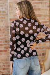 Black Baseball Game Day Sheer Mesh Long Sleeve Top