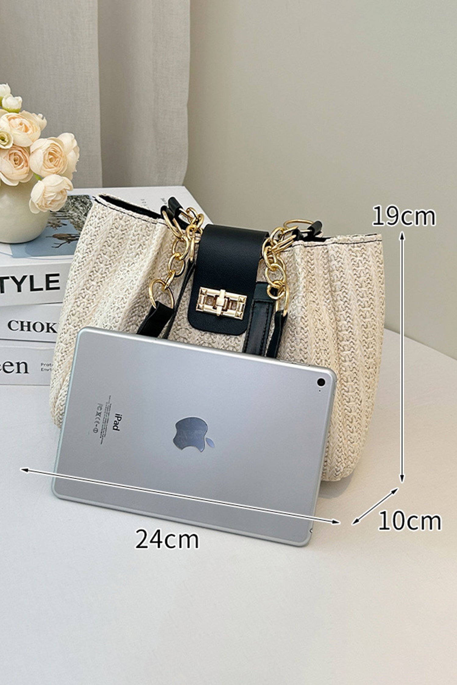 Black PU Leather Chain Handle Woven Textured Knit Tote Bag
