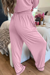 Delicacy Contrast Piping Trim Lapel Button Down Top 2pcs Lounge Pajama Set