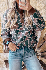 Multicolour Retro Camouflage Pattern Color Block Detail Button Pullover Sweatshirt