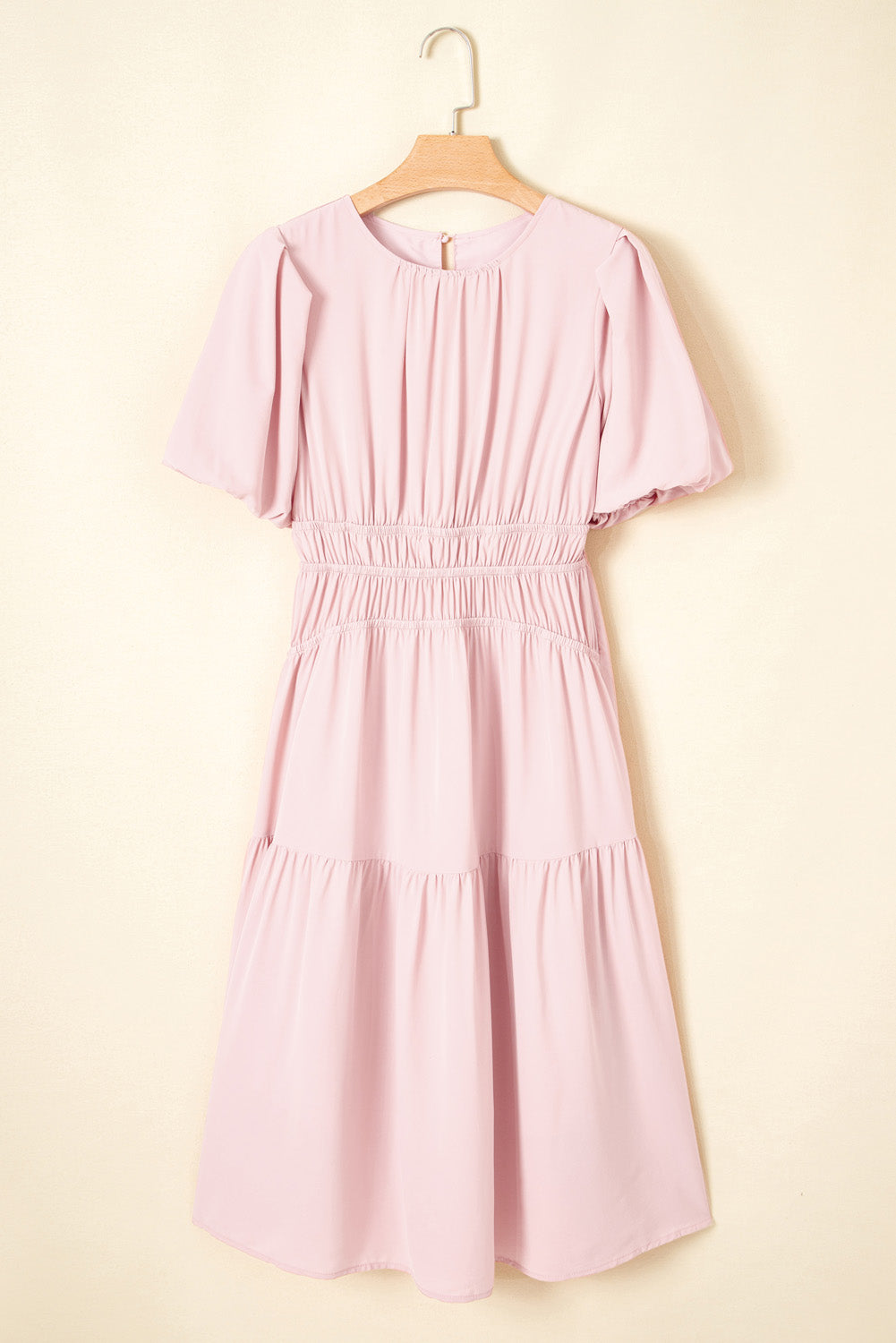 Light Blue Puff Sleeve High Waist Flowy Midi Dress