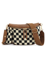 Coffee PU Leather Checkered Knit Patchwork Wallet Attached Shoulder Bag