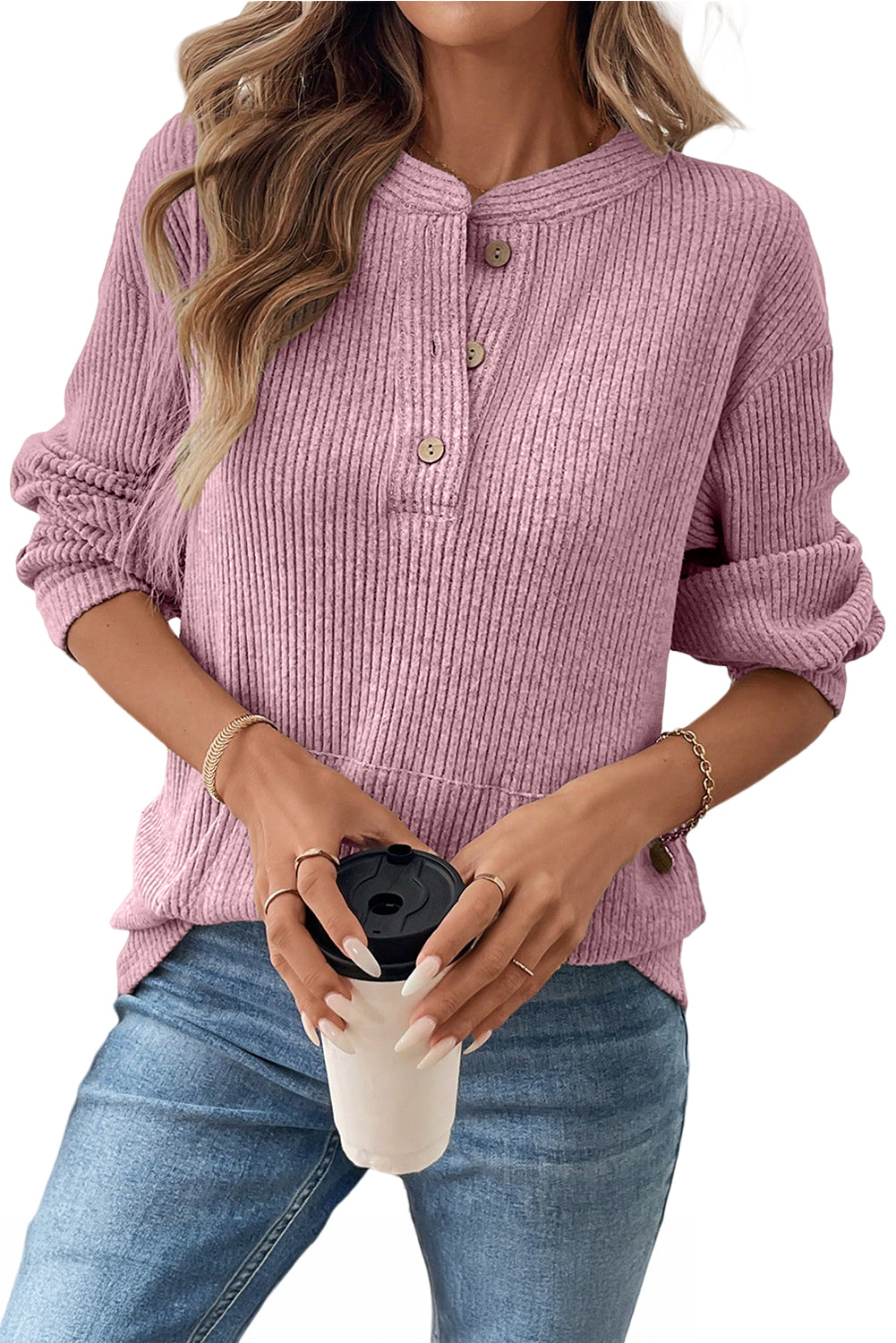 Simply Taupe Ribbed Texture Drop Shoulder Henley Knit Top