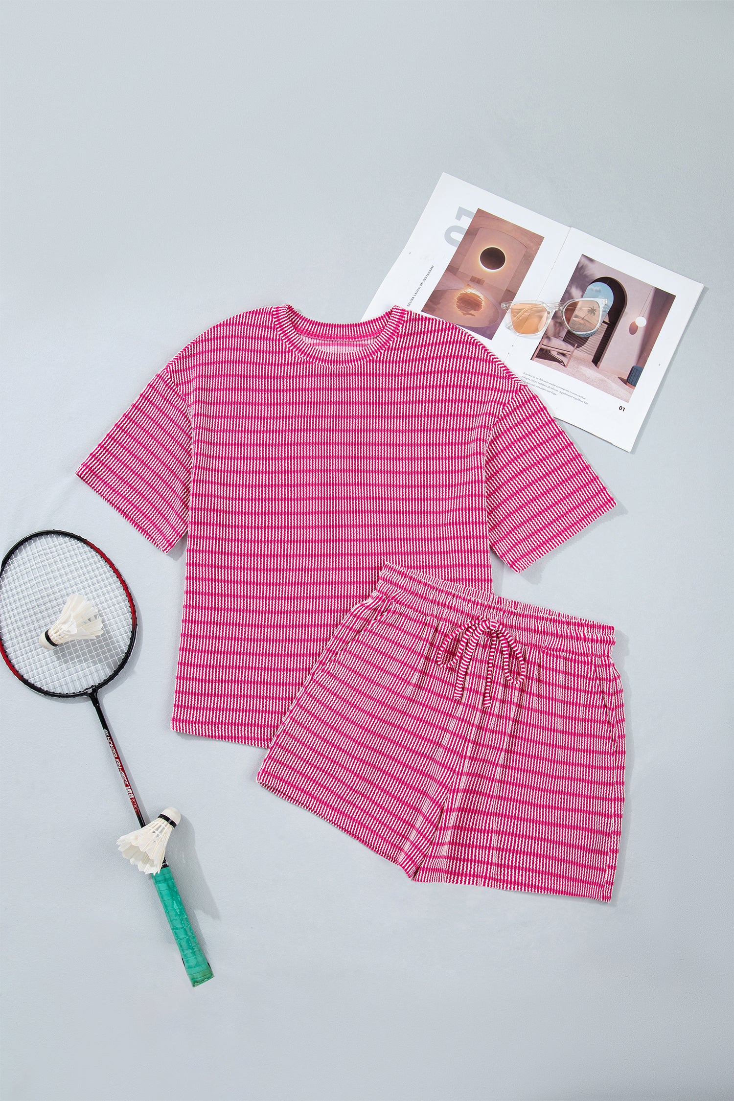 Khaki Stripe Raised Rib Loose Tee Drawstring Elastic Waist 2pcs Short Set