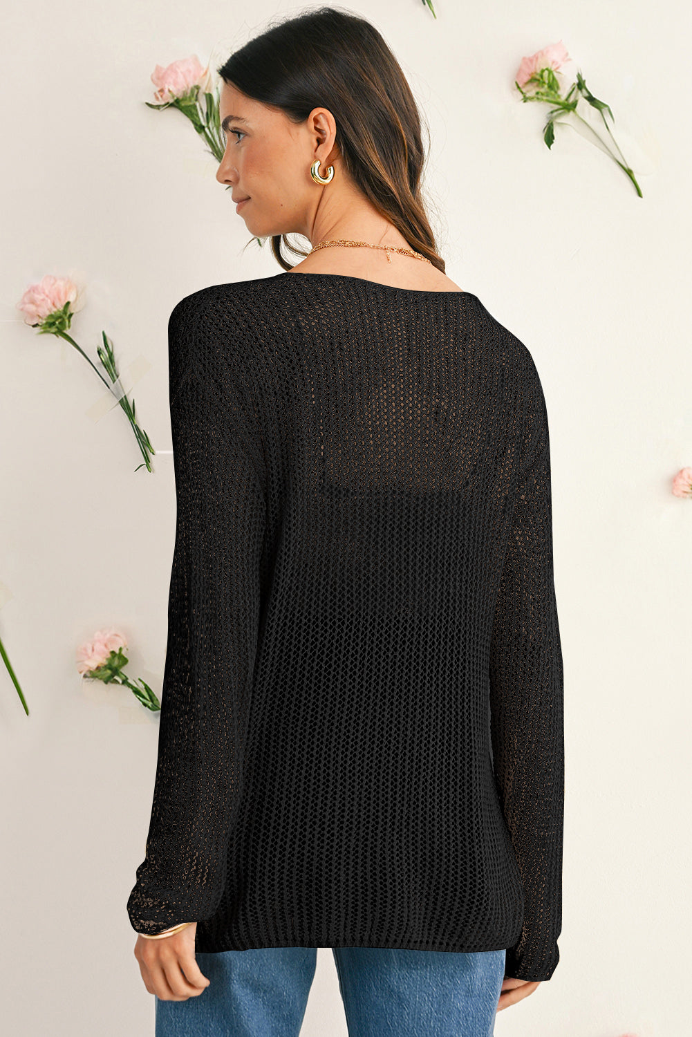 Smoke Gray Crochet Hollow-out Knit Sweater