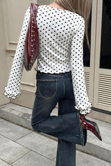Black Polka Dot Print Lettuce Trim Long Sleeve Top
