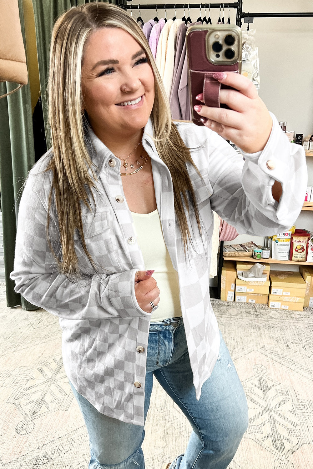 Khaki Checkered Button Down Casual Plus Size Jacket