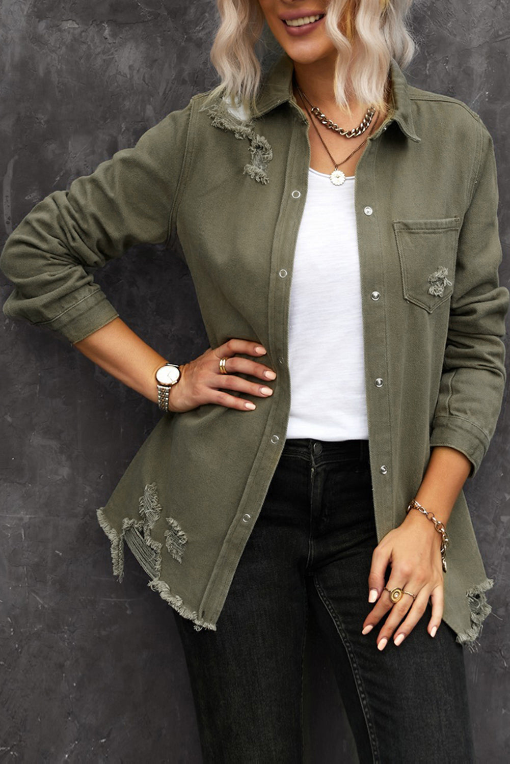 Khaki Raw Hem Distressed Denim Shirt Jacket