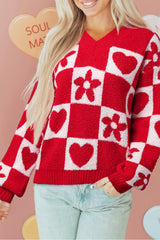 Fiery Red V Neck Flower Heart Detail Checkered Knit Loose Sweater