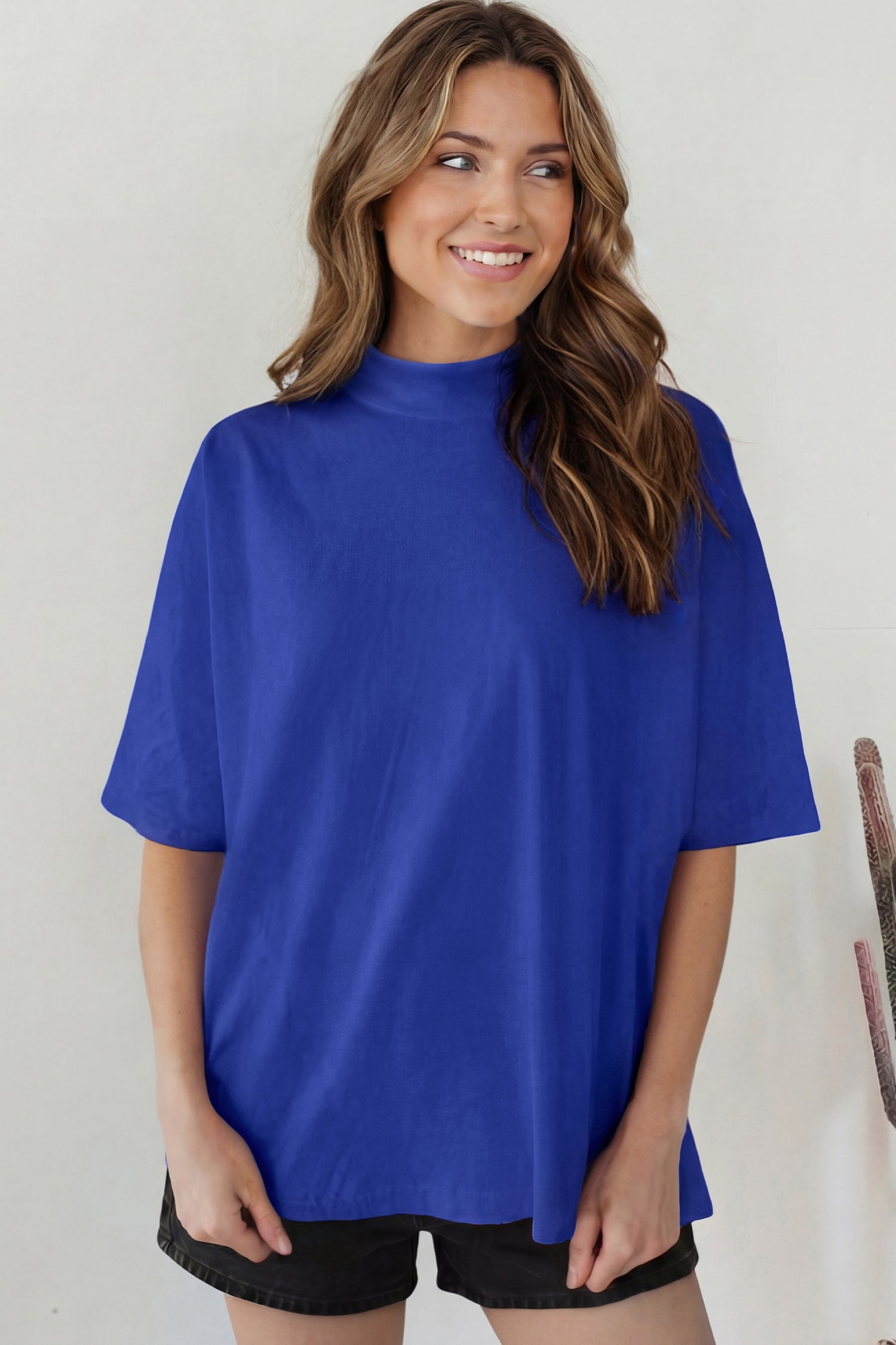 Dark Blue Solid Color High Neck Oversize Tee