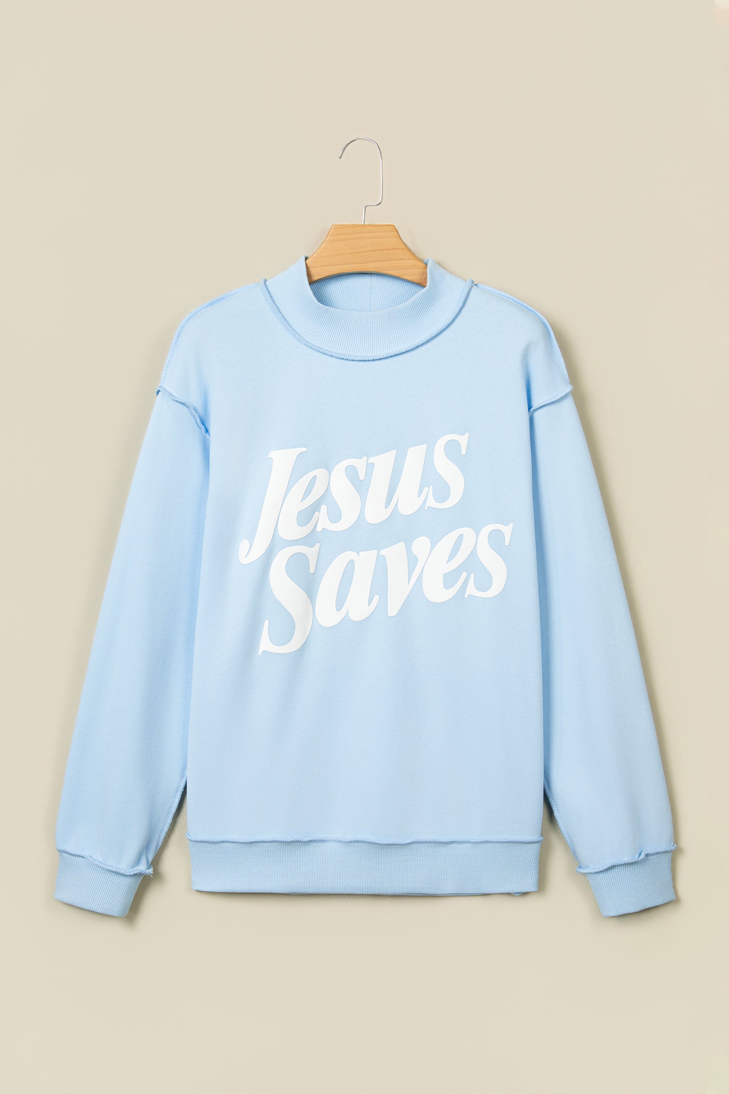 Mist Blue Jesus Saves Slogan Print Stand Neck Baggy Sweatshirt