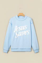 Mist Blue Jesus Saves Slogan Print Stand Neck Baggy Sweatshirt