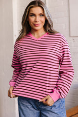 Pink Stripe V Neck Drop Shoulder Long Sleeve Top