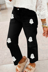 Black Sequin Ghost Patched Graphic Raw Hem Casual Jeans