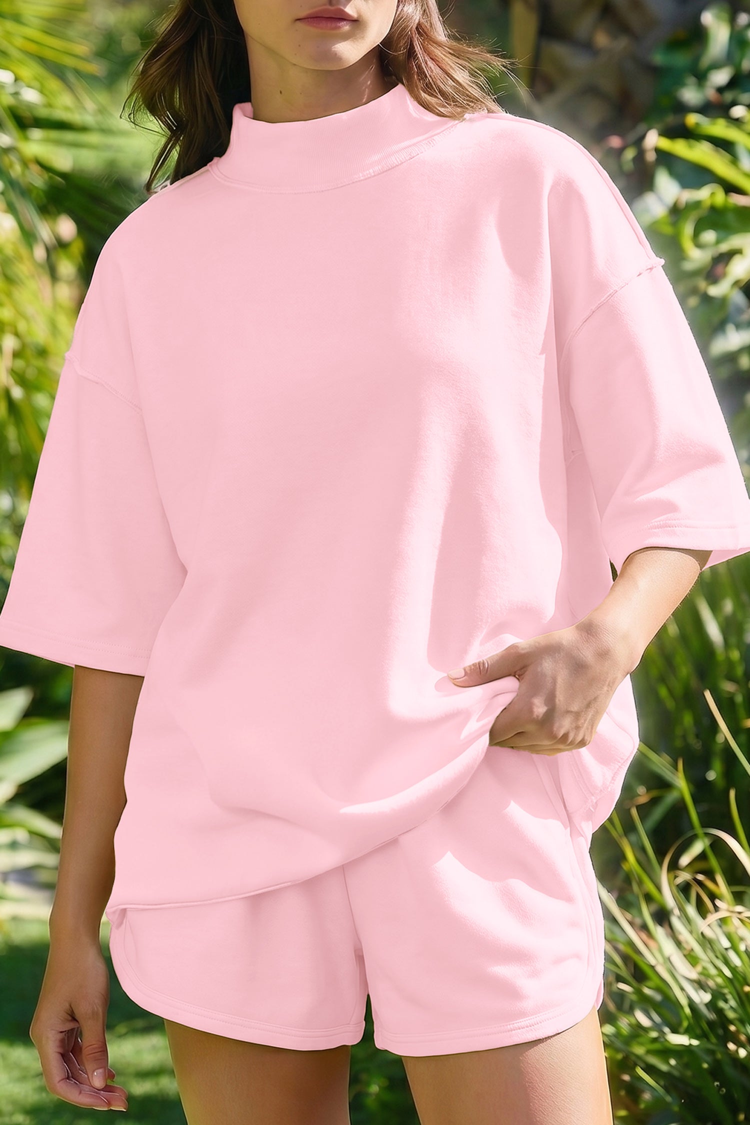 Mist Blue Solid Color Exposed Seam Mock Neck Oversize Tee Casual Shorts 2pcs Outfit