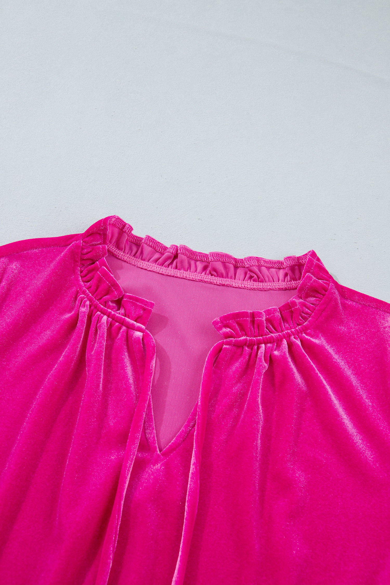 Strawberry Pink V Neck Velvet Ruffled Cuffs Hem Long Sleeve Top