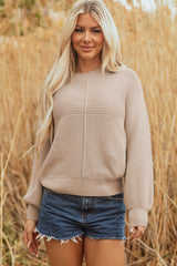 Parchment Mixed Texture Patchwork Knitted Puff Sleeve Sweater