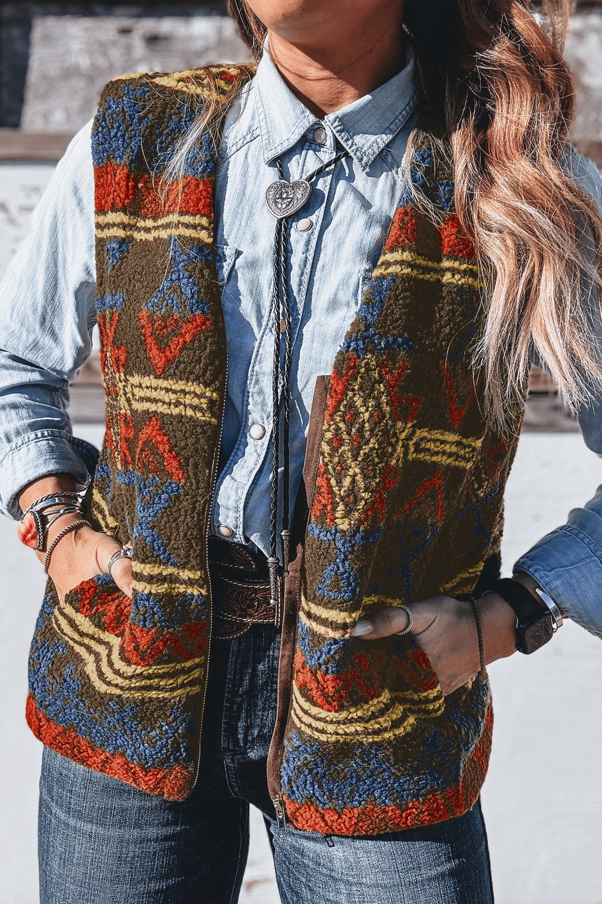 Multicolour Western Print Faux Fur Metal Zipper Insert Pockets Sleeveless Vest